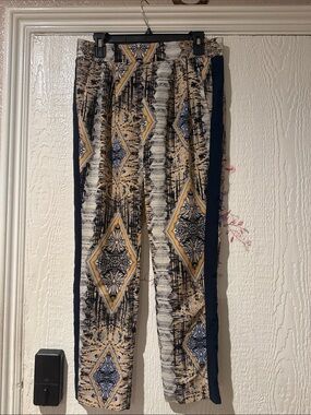 Patterned Geometric Print Trousers in Navy and Mustard